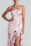 Corset Mermaid Long Pink Floral Wedding Guest Dress with Ruffles