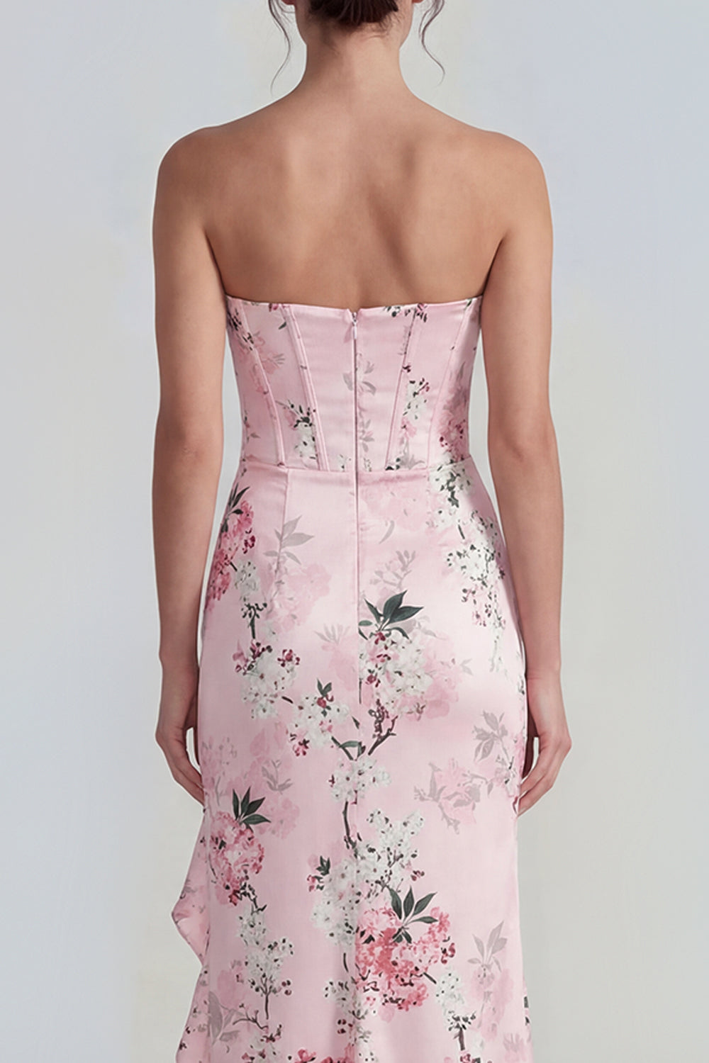 Corset Mermaid Long Pink Floral Wedding Guest Dress with Ruffles