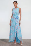 Blue Pink Flower Sheath Maxi Beach Wedding Guest Dress with Ruffles