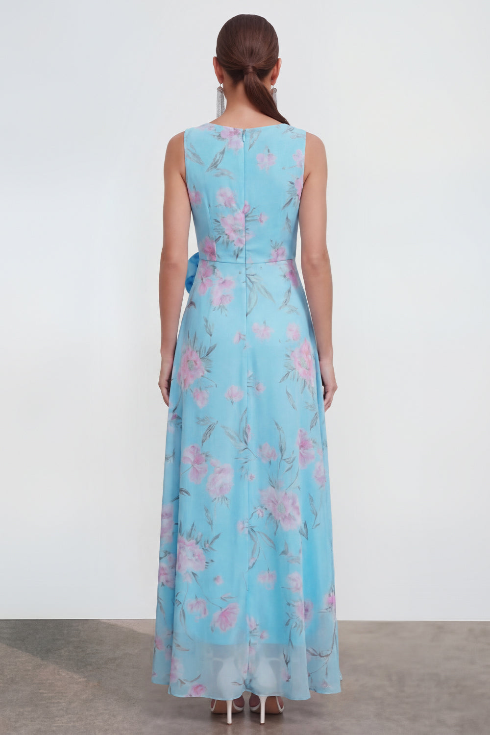 Blue Pink Flower Sheath Maxi Beach Wedding Guest Dress with Ruffles