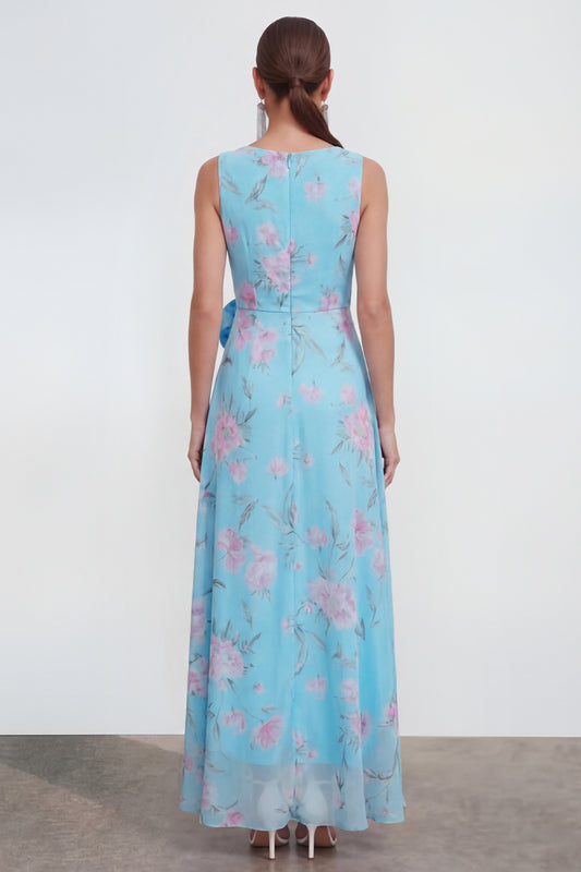 Blue Pink Flower Sheath Maxi Beach Wedding Guest Dress with Ruffles