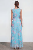 Blue Pink Flower Sheath Maxi Beach Wedding Guest Dress with Ruffles