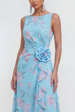 Blue Pink Flower Sheath Maxi Beach Wedding Guest Dress with Ruffles