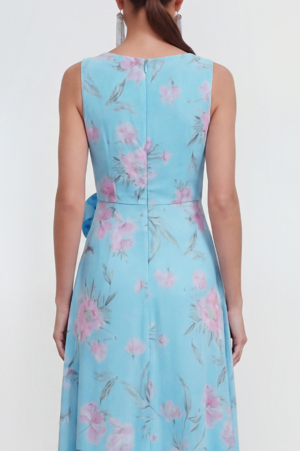 Blue Pink Flower Sheath Maxi Beach Wedding Guest Dress with Ruffles
