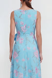 Blue Pink Flower Sheath Maxi Beach Wedding Guest Dress with Ruffles