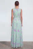 Blue Pink Flower Sheath Maxi Beach Wedding Guest Dress with Ruffles