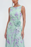 Blue Pink Flower Sheath Maxi Beach Wedding Guest Dress with Ruffles