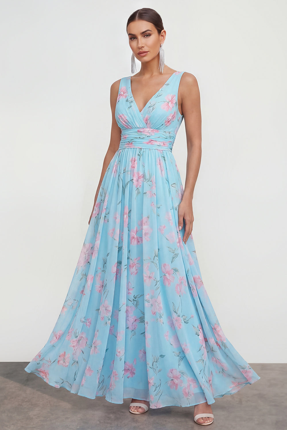 A Line Blue Pink Flower Ruched Maxi Beach Wedding Guest Dress