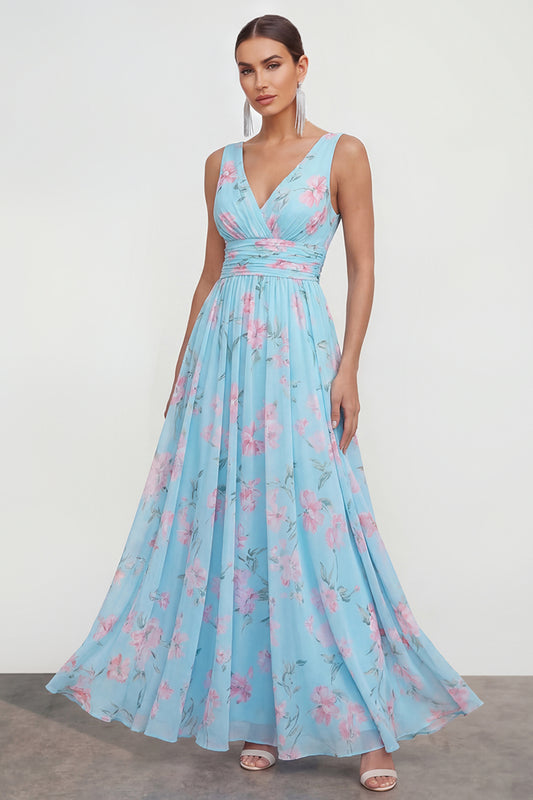 A Line Blue Pink Flower Ruched Maxi Beach Wedding Guest Dress