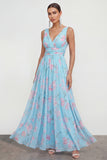 A Line Blue Pink Flower Ruched Maxi Beach Wedding Guest Dress