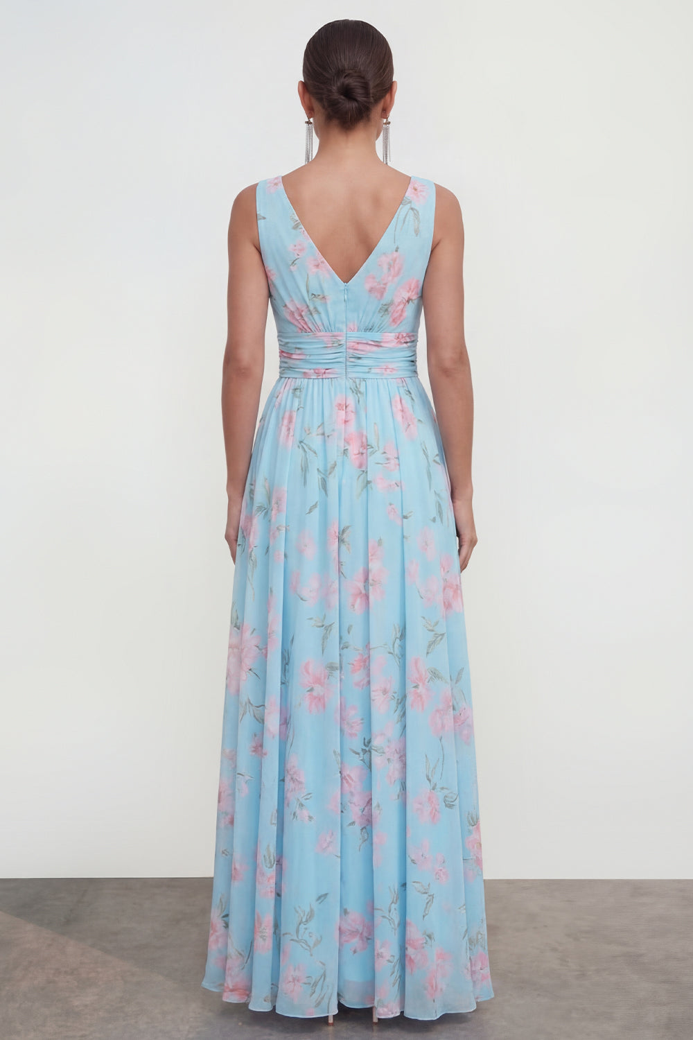 A Line Blue Pink Flower Ruched Maxi Beach Wedding Guest Dress