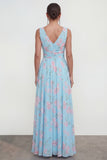 A Line Blue Pink Flower Ruched Maxi Beach Wedding Guest Dress