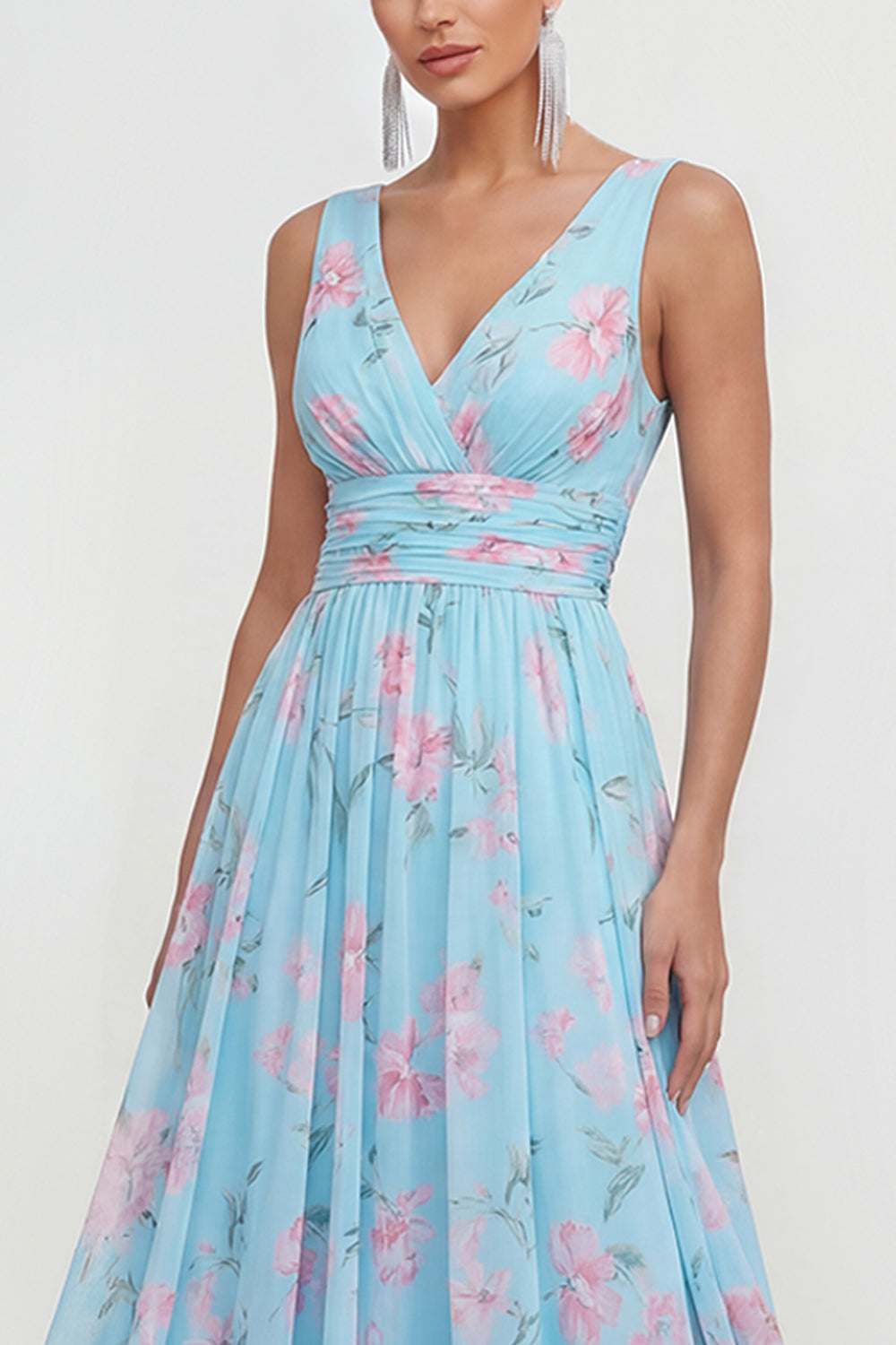 A Line Blue Pink Flower Ruched Maxi Beach Wedding Guest Dress