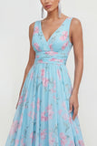 A Line Blue Pink Flower Ruched Maxi Beach Wedding Guest Dress