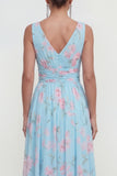 A Line Blue Pink Flower Ruched Maxi Beach Wedding Guest Dress
