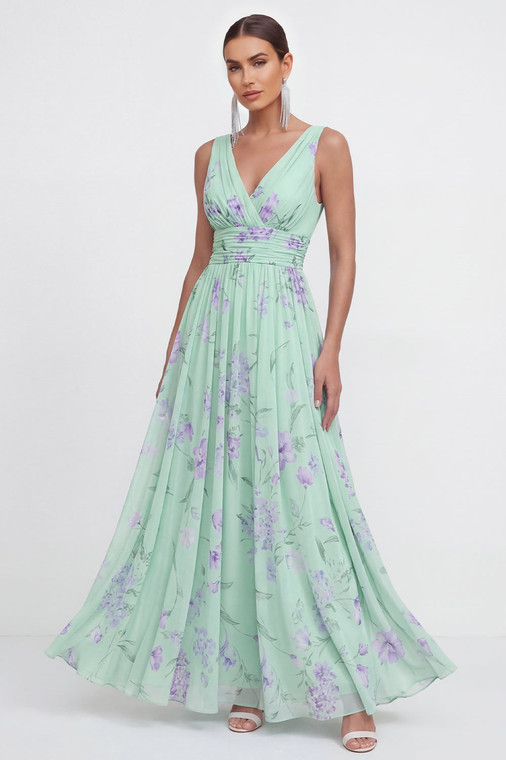 A Line Blue Pink Flower Ruched Maxi Beach Wedding Guest Dress