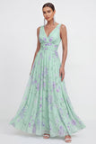 A Line Blue Pink Flower Ruched Maxi Beach Wedding Guest Dress
