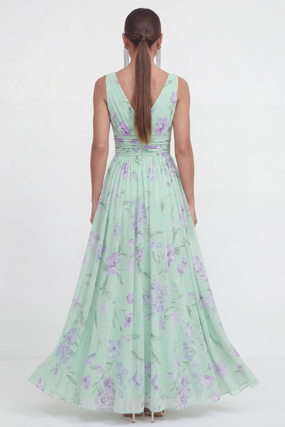 A Line Blue Pink Flower Ruched Maxi Beach Wedding Guest Dress