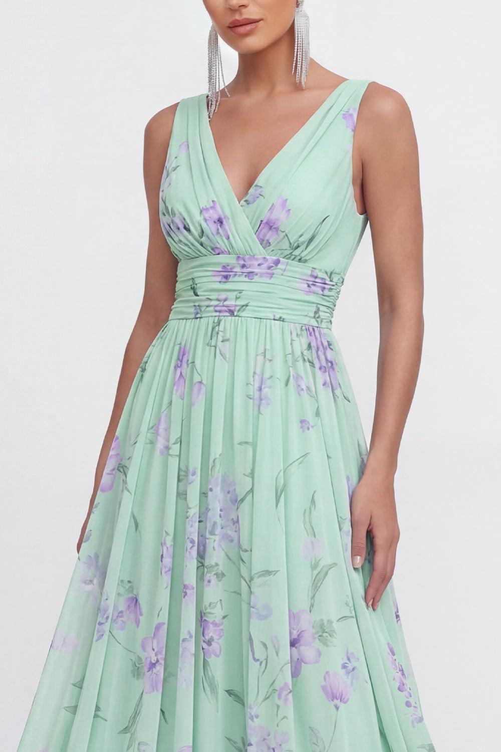 A Line Blue Pink Flower Ruched Maxi Beach Wedding Guest Dress