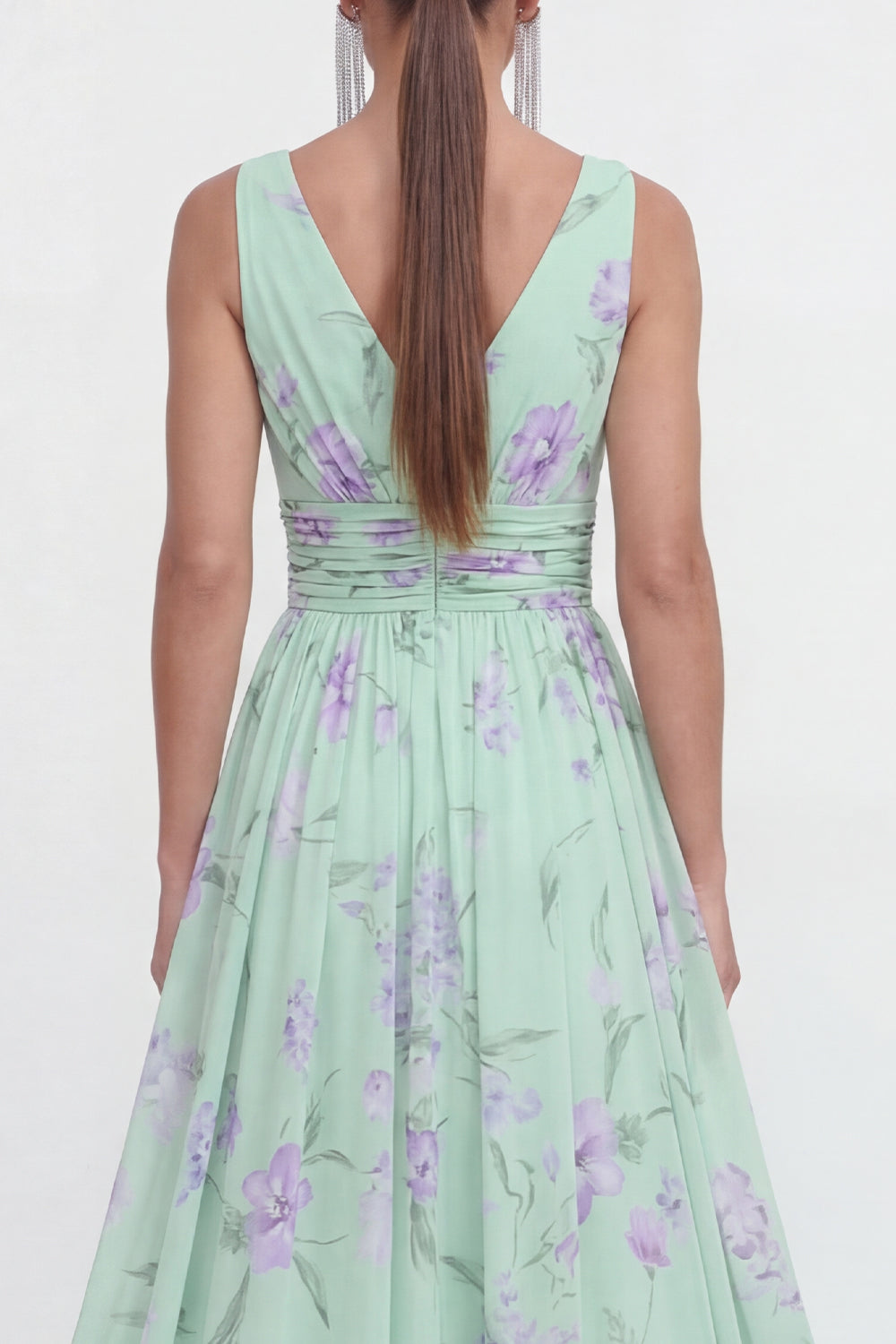 A Line Blue Pink Flower Ruched Maxi Beach Wedding Guest Dress