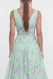 A Line Blue Pink Flower Ruched Maxi Beach Wedding Guest Dress