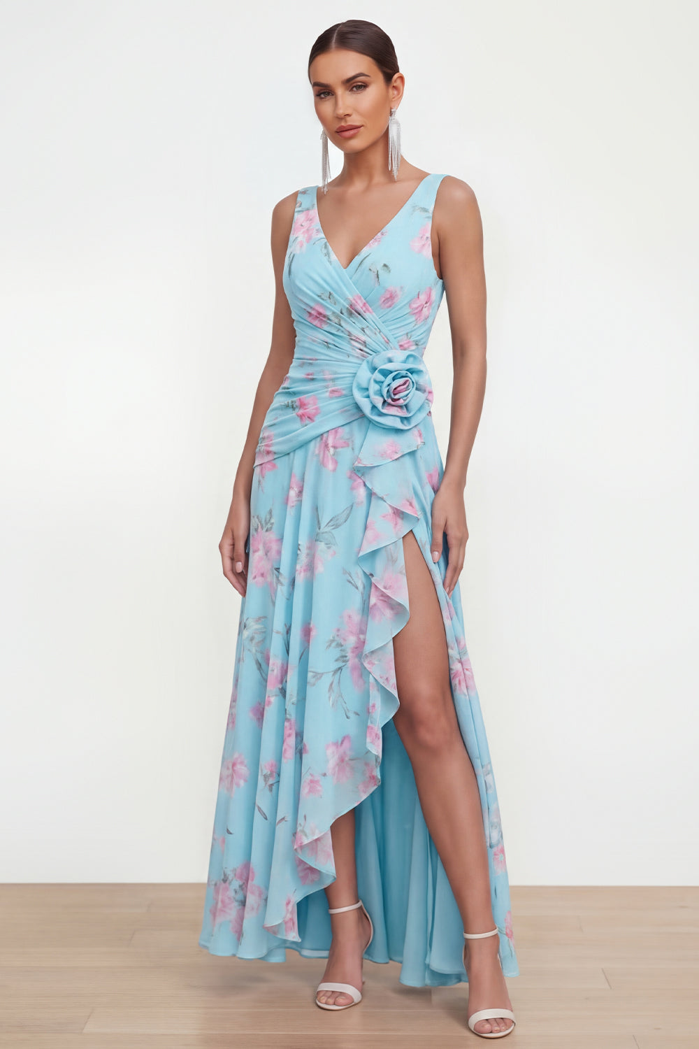 Ruffled Maxi Green Purple Flower Beach Wedding Guest Dress with Slit