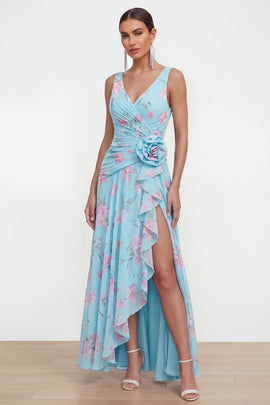 Ruffled Maxi Green Purple Flower Beach Wedding Guest Dress with Slit