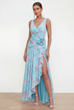 Ruffled Maxi Green Purple Flower Beach Wedding Guest Dress with Slit
