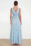 Ruffled Maxi Green Purple Flower Beach Wedding Guest Dress with Slit