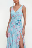Ruffled Maxi Green Purple Flower Beach Wedding Guest Dress with Slit