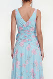 Ruffled Maxi Green Purple Flower Beach Wedding Guest Dress with Slit