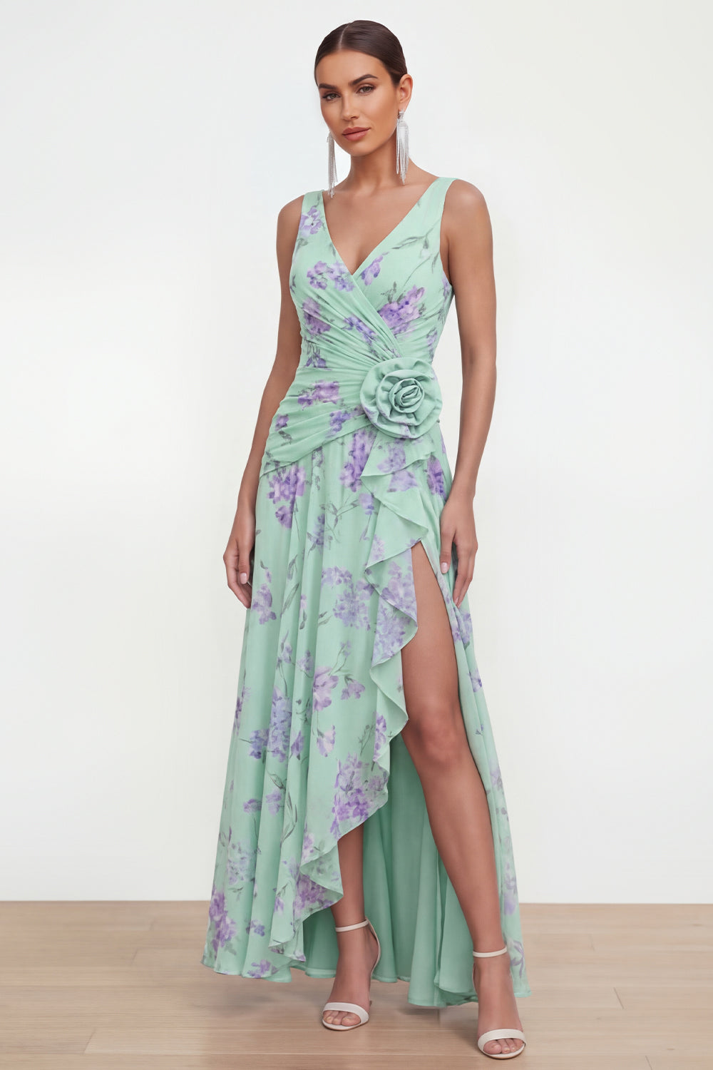 Ruffled Maxi Green Purple Flower Beach Wedding Guest Dress with Slit