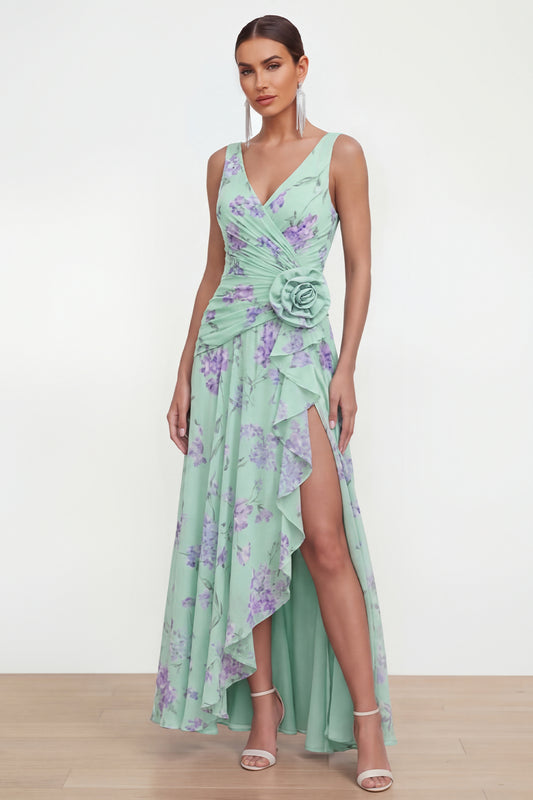 Ruffled Maxi Green Purple Flower Beach Wedding Guest Dress with Slit