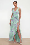 Ruffled Maxi Green Purple Flower Beach Wedding Guest Dress with Slit