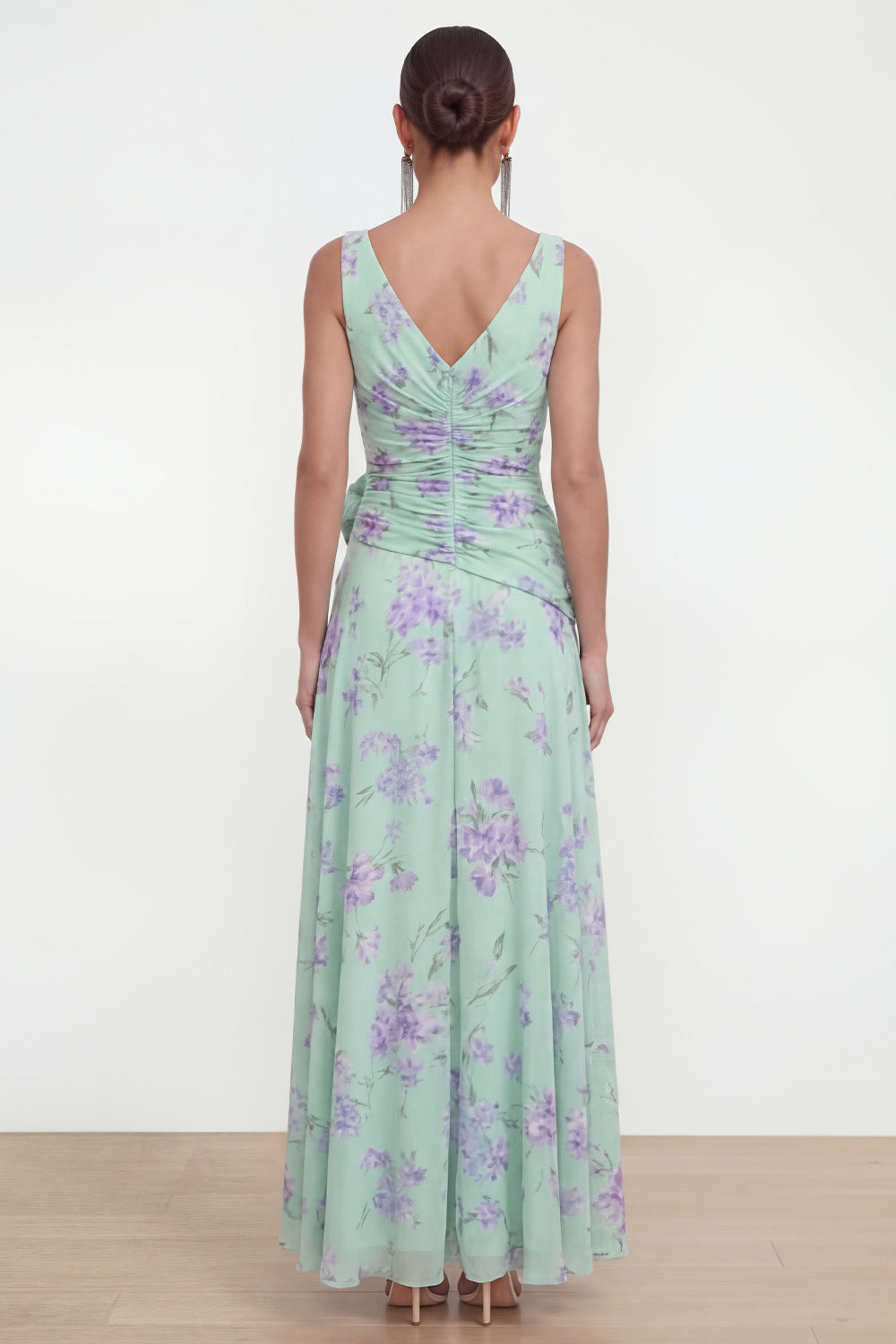 Ruffled Maxi Green Purple Flower Beach Wedding Guest Dress with Slit