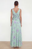 Ruffled Maxi Green Purple Flower Beach Wedding Guest Dress with Slit