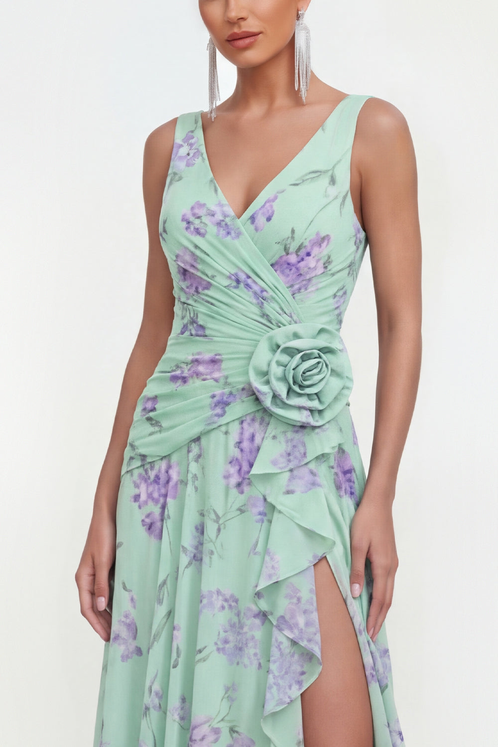 Ruffled Maxi Green Purple Flower Beach Wedding Guest Dress with Slit