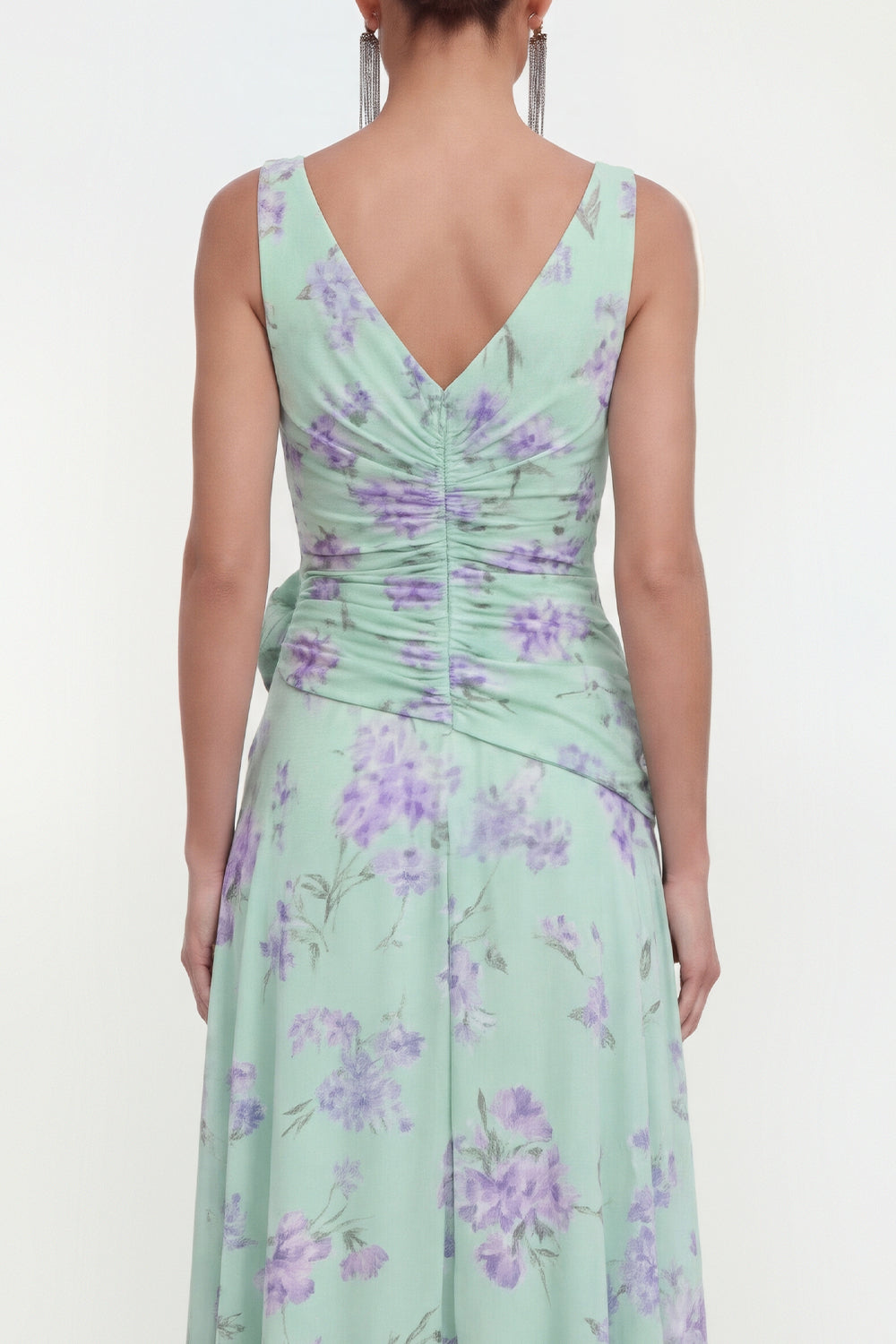 Ruffled Maxi Green Purple Flower Beach Wedding Guest Dress with Slit