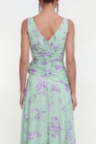 Ruffled Maxi Green Purple Flower Beach Wedding Guest Dress with Slit