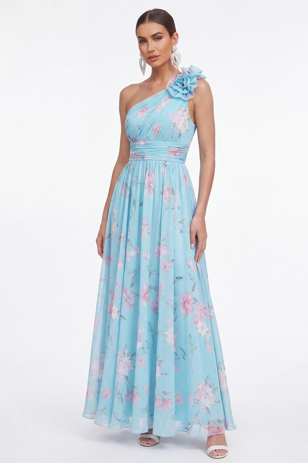 Ruched Maxi Blue Pink Flower A Line Beach Wedding Guest Dress