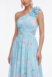 Ruched Maxi Blue Pink Flower A Line Beach Wedding Guest Dress