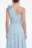 Ruched Maxi Blue Pink Flower A Line Beach Wedding Guest Dress
