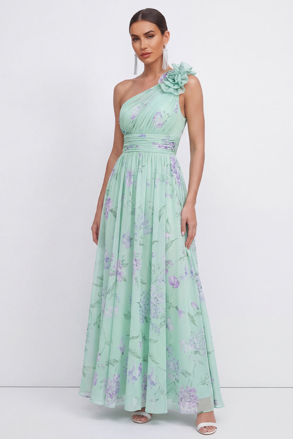Ruched Maxi Blue Pink Flower A Line Beach Wedding Guest Dress