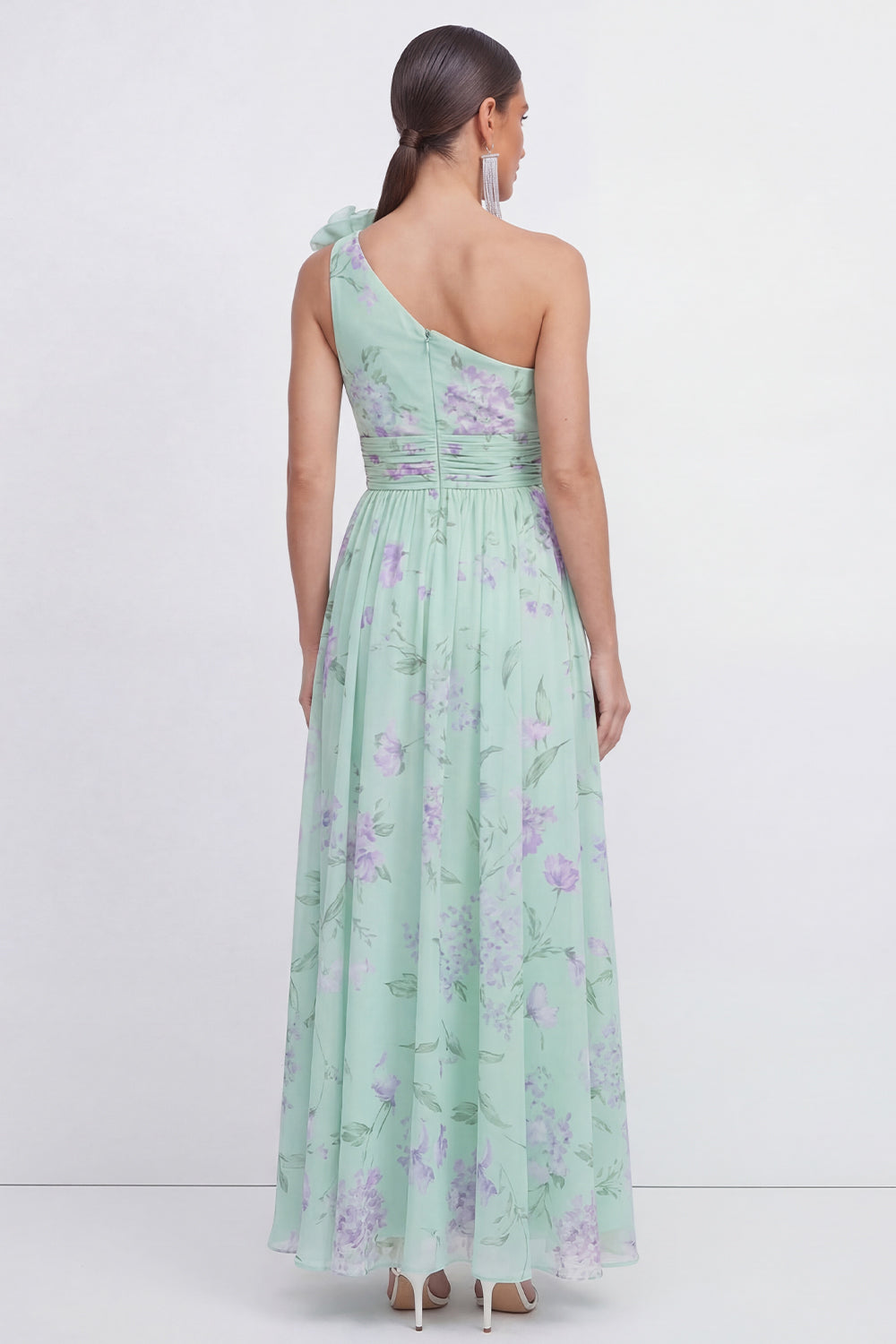 Ruched Maxi Blue Pink Flower A Line Beach Wedding Guest Dress