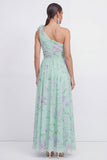 Ruched Maxi Blue Pink Flower A Line Beach Wedding Guest Dress