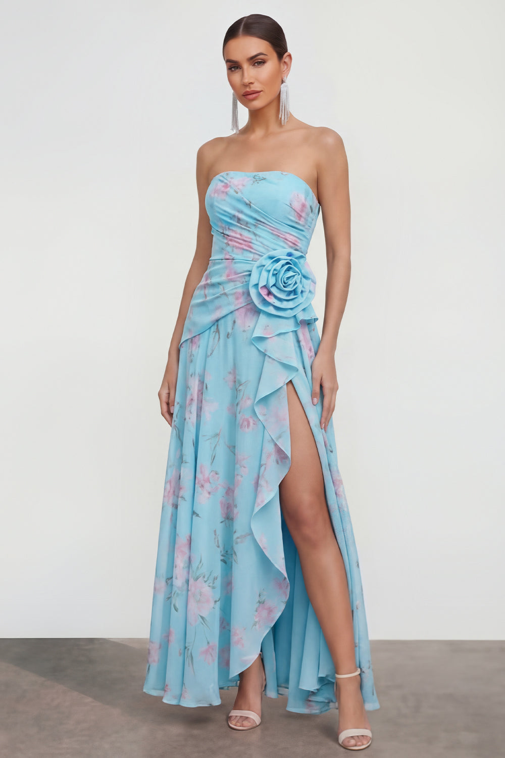 Strapless Green Purple Flower A Line Maxi Beach Wedding Guest Dress with Ruffles