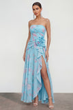 Strapless Green Purple Flower A Line Maxi Beach Wedding Guest Dress with Ruffles