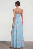 Strapless Green Purple Flower A Line Maxi Beach Wedding Guest Dress with Ruffles