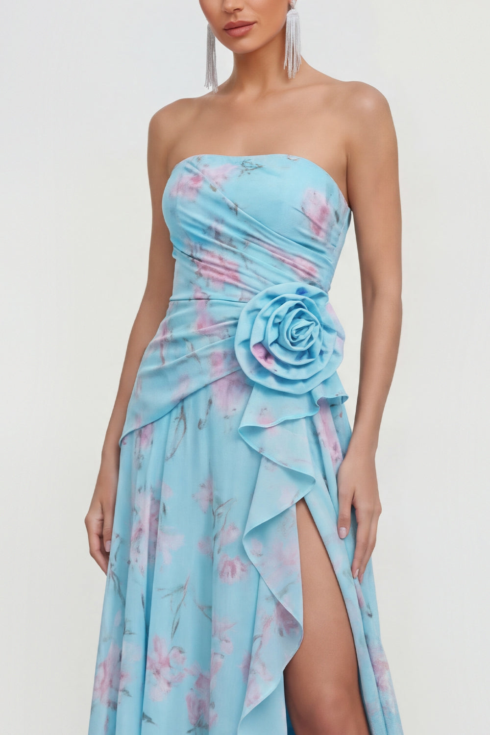 Strapless Green Purple Flower A Line Maxi Beach Wedding Guest Dress with Ruffles