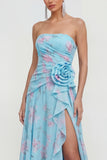 Strapless Green Purple Flower A Line Maxi Beach Wedding Guest Dress with Ruffles